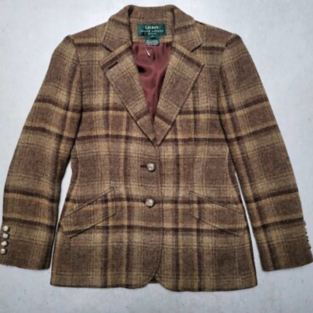 Vintage Ralph Lauren Signature blazer Brown Plaid   size 8 women’s 100%wool - Picture 3 of 14